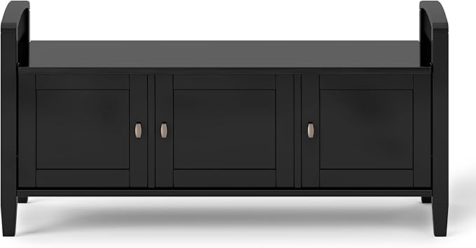 SIMPLIHOME Warm Shaker Entryway Storage Bench - 44 inch Wide Solid Wood Storage Seat in Black, Transitional Bench Seat for Mudroon or Living Room with Lift-Up Lid and Shaker-Style Panels