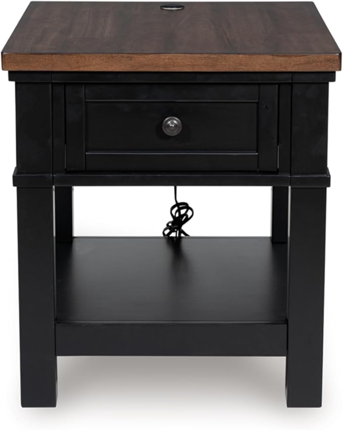 Signature Design by Ashley Wildenauer Farmhouse 1-Drawer End Table with Lower Shelf and USB Ports, Light Brown & Black