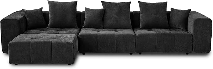 JACH 144.1 Inch L-Shaped Modular Sofas, Modern 3-Seater Couch with Chaise Ottoman, Mid Century Modern Sectional Couches, Cozy Sleeper Sofa for Apartment/Living Room (Linen Fabric, Black)