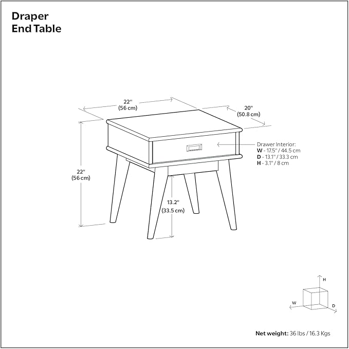 SIMPLIHOME Draper Solid Hardwood 22 inch Wide Rectangle Mid Century Modern End Table in White for The Living Room and Bedroom