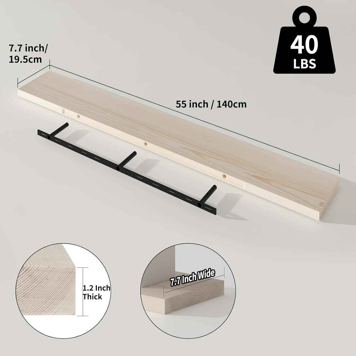 SAUMONIERES Floating Shelves 8 Inch Deep Solid Wood Wide Wall Shelf Set of 1 Wall Mounted for Bedroom Bathroom Living Room Kitchen, 55 Inch Natural