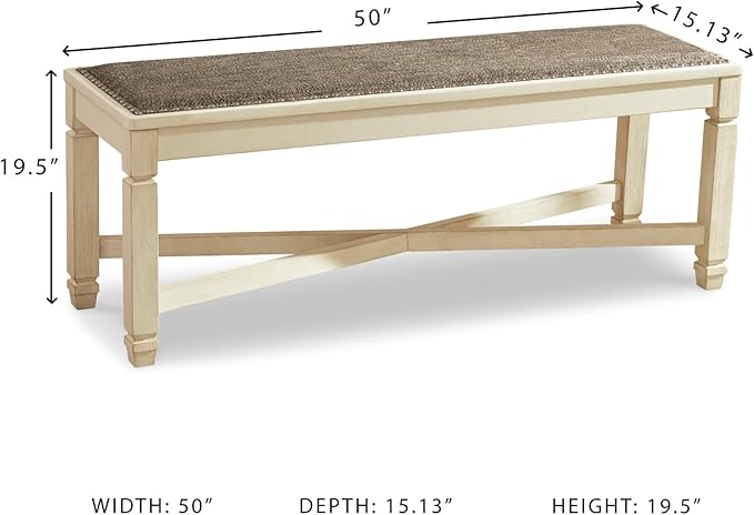Signature Design by Ashley Bolanburg Casual French Country Upholstered Dining Room Bench with Nailhead Trim, Heavy Woven Fabric, Wood, Antique White & Tan