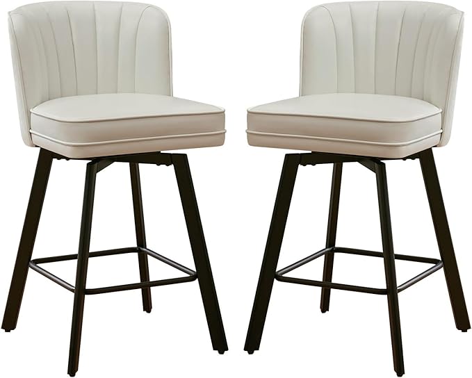 Swivel Counter Height Bar Stools Set of 2, 26'' Modern Barstools with Backs and Metal Legs, Upholstered Bar Chairs, Faux Leather White Stools for Kitchen Island Chairs