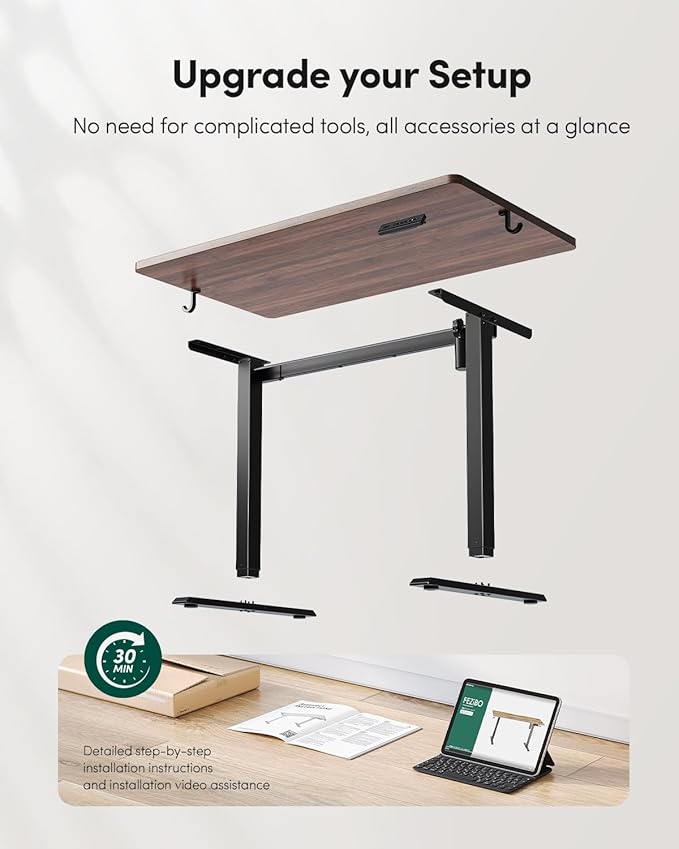 FEZIBO One-Piece Standing Desk Adjustable Height Stand up Home Office Desk, 32x20 Inch Electric Standing Computer Desk, with 4 Memory Presets, Headphone Hook, Black Walnut
