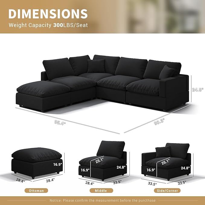 Modern Sectional Linen Couch for Living Room V-Shape Sofas,5 Seat Modular Cloud Sofas,Couches Cushion Covers Removable,Cozy Feather Down Sofa for Apartment Black