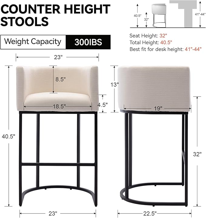 Contemporary Cream Linen Bar Stools Set of 4, 32" Upholstered Fabric Counter Height Bar Stools Kitchen Counter Island Stools with Black Metal Base