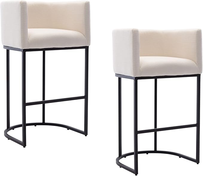 Contemporary Cream Linen Bar Stools Set of 2, 32" Upholstered Fabric Counter Height Barstool Kitchen Counter Island Stools with Black Metal Base