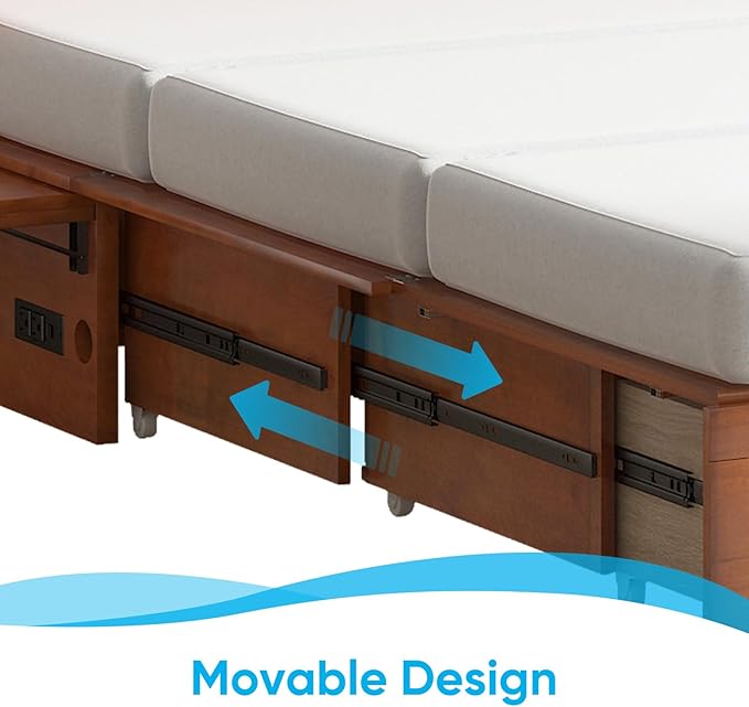 Mjkone Murphy Bed Queen Cabinet Bed with Tri-fold Mattress and Built-in USB Charging & 2 Drawers & Bedside Panel, Hidden Guest Beds, Murphy Cube Chest Cabinet Beds for Bedroom/Apartment - Cherry