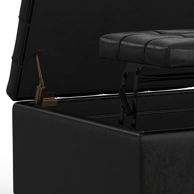 SIMPLIHOME Harrison 30 inch Wide Transitional Square Small Coffee Table Storage Ottoman in Midnight Black Vegan Faux Leather, Assembled, for The Living Room and Bedroom