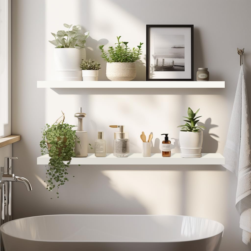 LaVie Home Floating Shelves, 36 Inch Wall Shelf Set of 2, Hanging Shelf with Invisible Brackets, Wall Decor for Bathroom, Bedroom, Living Room, Kitchen Storage, Modern White