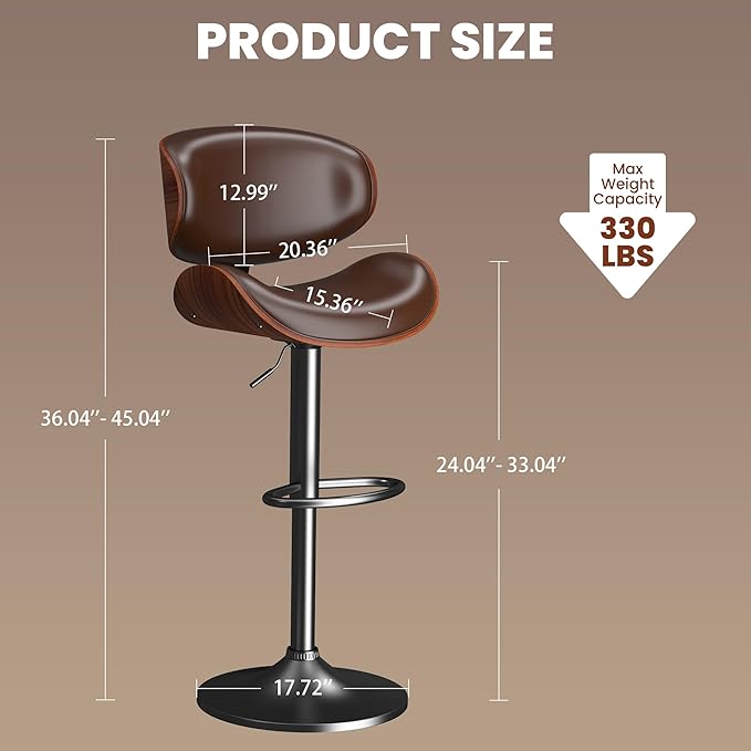 Bar Stools Modern Swivel Bar Chairs, Barstools Counter Height with Backrest for Bar, Kitchen, Dining Room, Brown