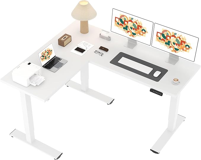 SANODESK L Shaped Standing Desk Adjustable Height, Electric Corner Standing Desk, 63 x 55 inch Sit Stand Computer Table with Splice Board, White