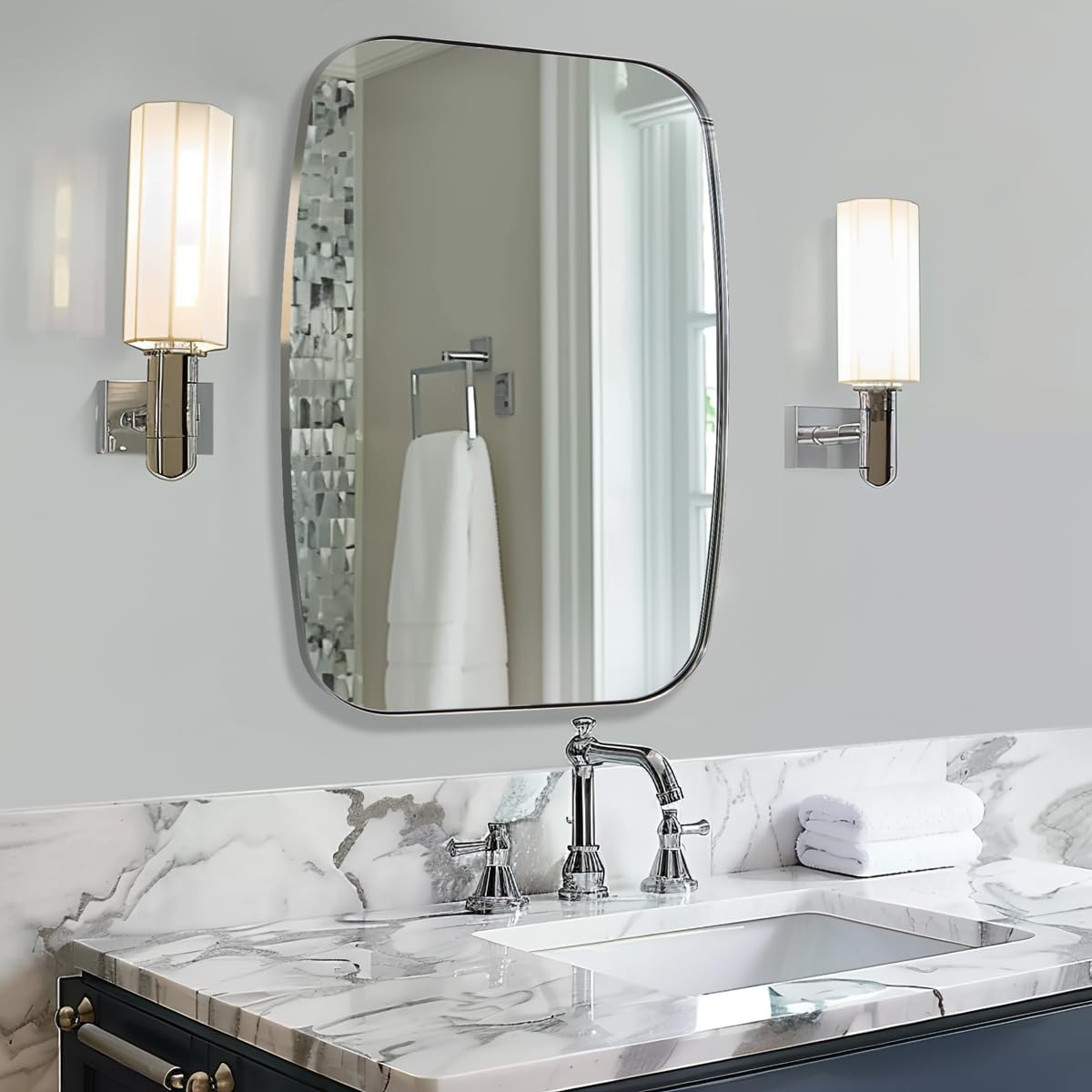 ANDY STAR Chrome Oblong Mirror, 32x40 Inch Polished Chrome Oval Mirror for Bathroom with Stainless Steel Metal Frame, Wall Mouned for Bathroom, Living Room, Entryway