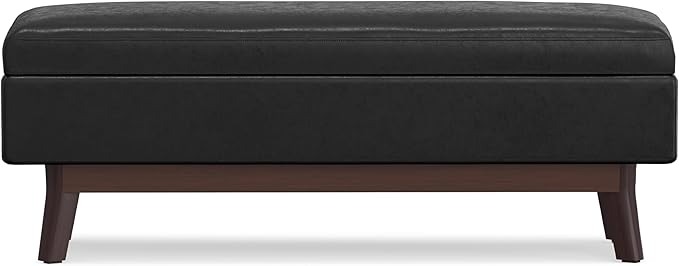 SIMPLIHOME Owen 48 inch Wide Mid Century Modern Rectangle Rectangular Storage Ottoman in Distressed Black Vegan Faux Leather, Assembled, for the Living Room, Entryway and Family Room