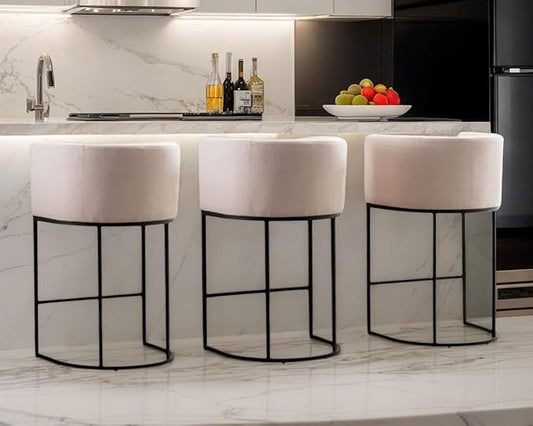 Contemporary Cream Linen Bar Stools Set of 3, 29" Upholstered Fabric Counter Height Barstools Kitchen Counter Island Stools with Black Metal Base
