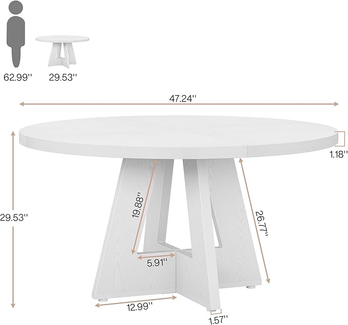 Tribesigns Round Dining Table for 4, 47 inch Farmhouse Circle Kitchen Table with Wooden Pedestal Base for Kitchen, Dining Room, Living Room (White)