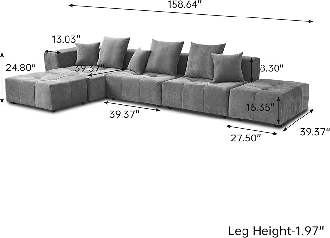 WJShome 158" Oversized Modular Sectional Sofa, L Shaped Couch with Ottoman,Sectional Couches for Living Room,Large Linen Deep Seat with Pillow Couches for Home,Spacious Space,Gray
