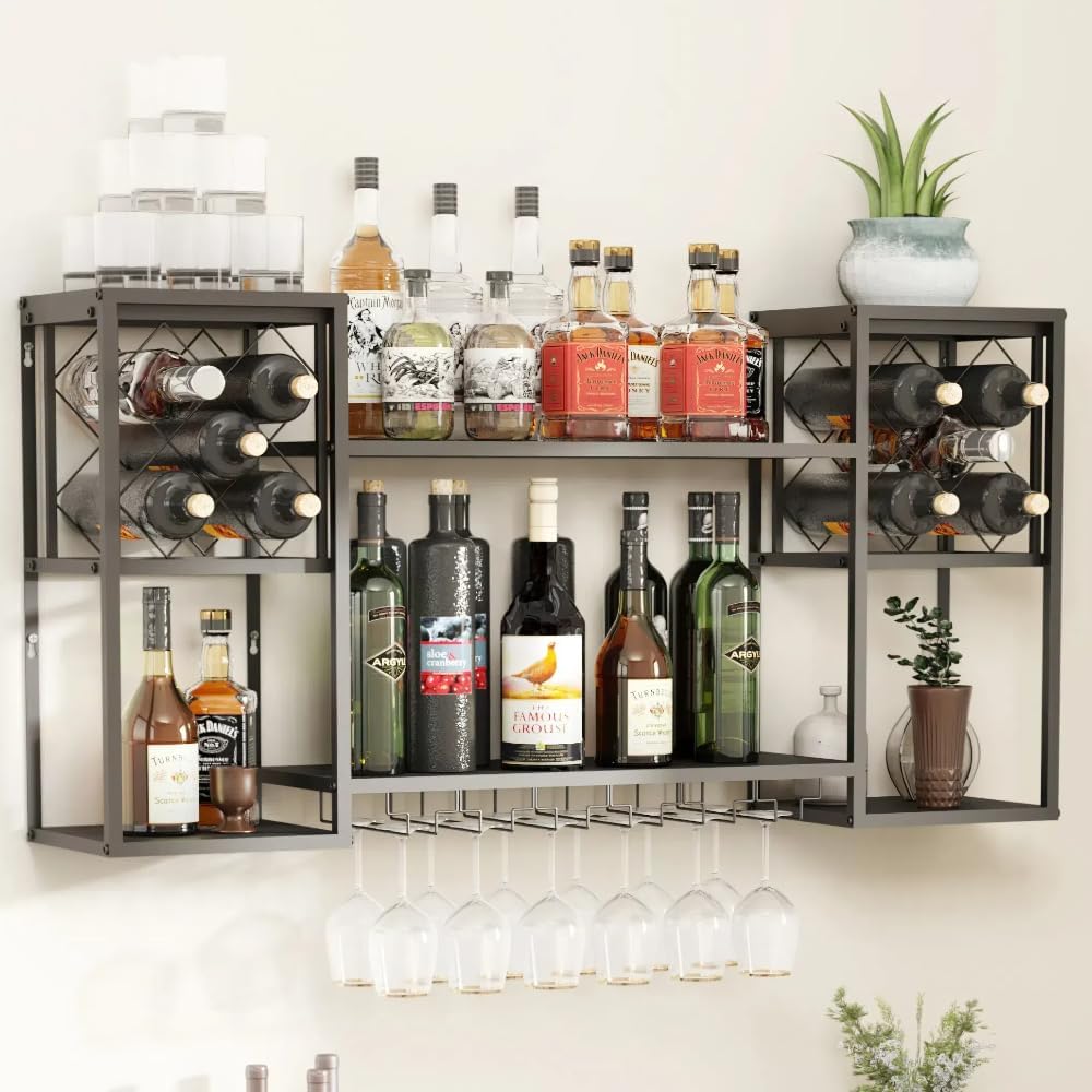 Wall Mounted Wine Rack with Glass Holder,Metal Floating Bar Liquor Shelves 2 Tier,Wine Glass Rack Multi Functional Wine Storage Display Rack for Home Bar Dining Room Kitchen