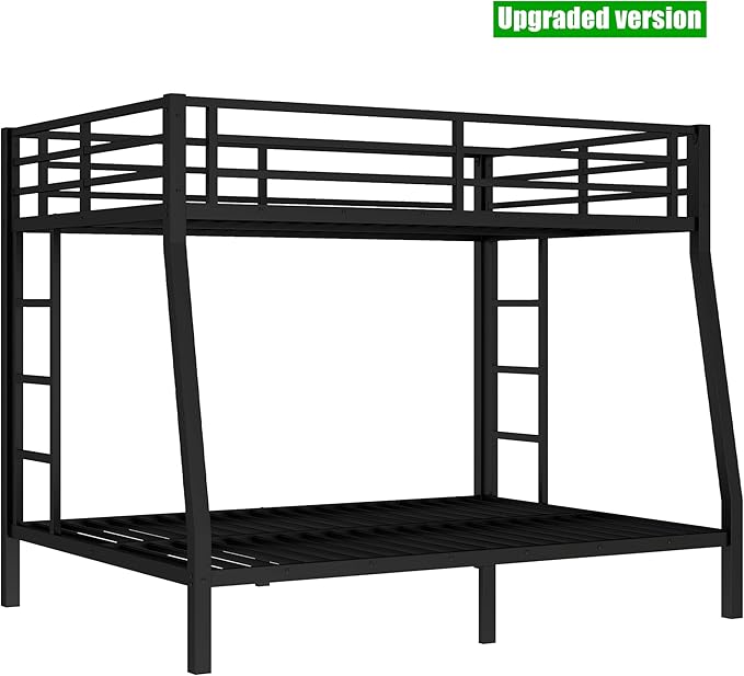 Higher Quality & Stronger Heavy Duty Steel Black Bunk Bed Full XL Over Queen Size Bunkbed, Thickened More Stable Safer Metal Bunk Queen Bed (Easier to Assemble) (Full XL Over Queen)