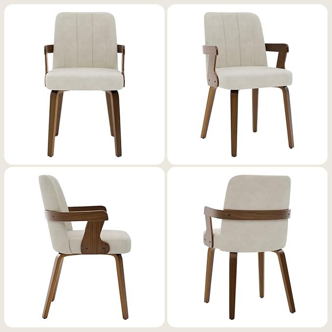 Kitchen Dining Chairs Set of 2, Faux Leather Upholstered Dining Room Chairs with Wood Arms and Legs, Mid Century Modern Kitchen Side Chair for Living, Bedroom, Restaurant, Walnut/Beige