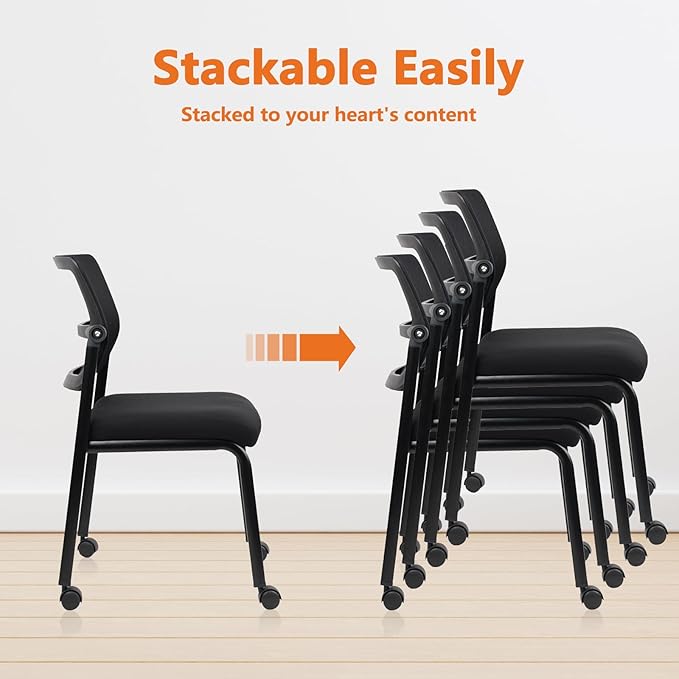 CLATINA Stacking Armless Office Guest Chair with Wheels, Stackable Mesh Waiting Room Reception Desk Chairs with Adjustable Backrest for Conference Lobby Side School, Black, 4PK