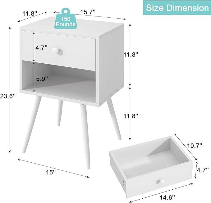 VECELO Nightstands Set of 2, Mid Century Modern End Bedside Table, Night Stand with Storage Drawer and 2 Tiers Open Shelf for Small Place, Bedroom, Living Room, Easy Assembly, Pure White