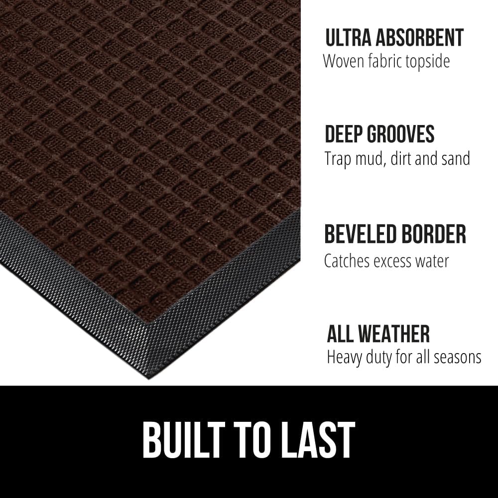 GORILLA GRIP 100% Waterproof All-Season WeatherMax Doormat 35x23, US Designed Natural Rubber, Stain and Fade Resistant, Low Profile Indoor Outdoor Door Mats, Easy Clean Patio Mat, Coffee Squares