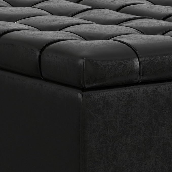 SIMPLIHOME Harrison 30 inch Wide Transitional Square Small Coffee Table Storage Ottoman in Midnight Black Vegan Faux Leather, Assembled, for The Living Room and Bedroom