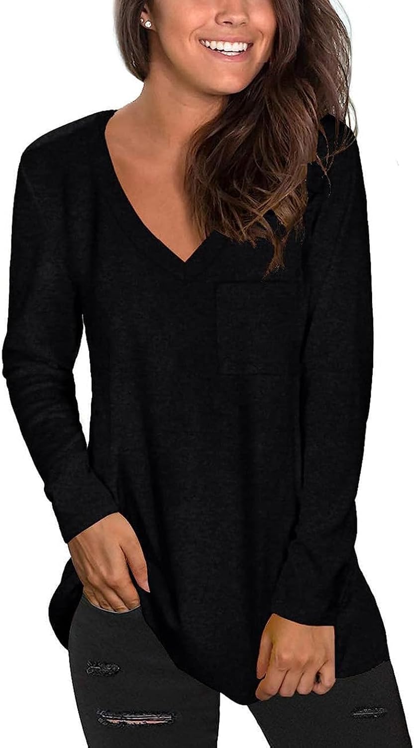 Tobrief Women's Long Sleeve V-Neck Shirts Fall Graphic Tees Loose Casual T-Shirt