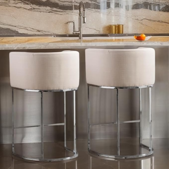 Contemporary Cream Linen Bar Stools Set of 2, 29" Upholstered Fabric Counter Height Barstools Kitchen Counter Island Stools with Screwed Together Chrome Finish Base