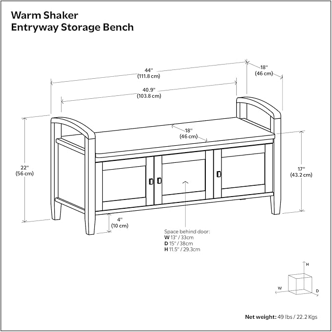 SIMPLIHOME Warm Shaker Entryway Storage Bench - 44 inch Wide Solid Wood Storage Seat in Black, Transitional Bench Seat for Mudroon or Living Room with Lift-Up Lid and Shaker-Style Panels