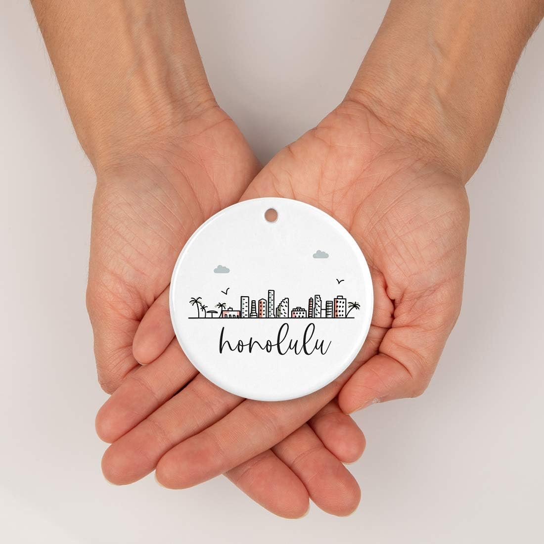 Andaz Press Round Ceramic Porcelain Christmas Tree Ornament Keepsake, Honolulu City Skyline Graphic, 1-Pack, Birthday Gift Idea for Family, Coworker, Him, Her, Includes Gift Box