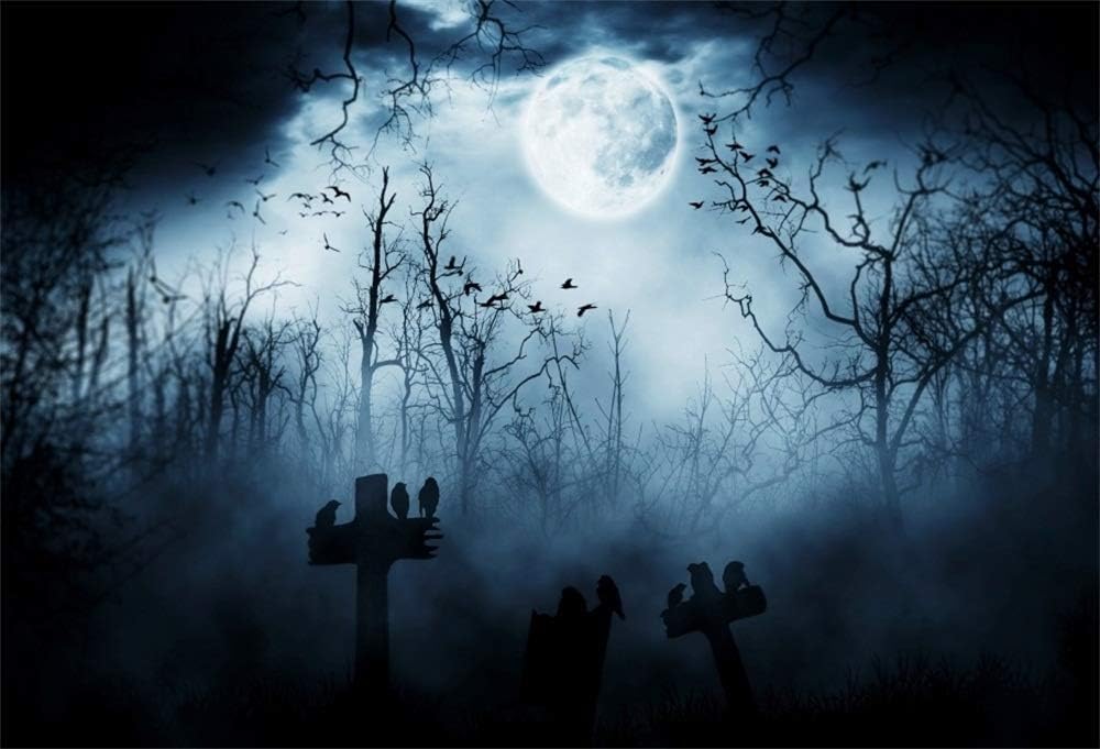 AOFOTO 7x5ft Moon Night Halloween Cemetery Photography Backdrop Flying Bats Birds Stand on Gravestone Cross Graveyard in Dark Forest Photo Background Cloth Vinyl Wallpaper Photo Studio Props