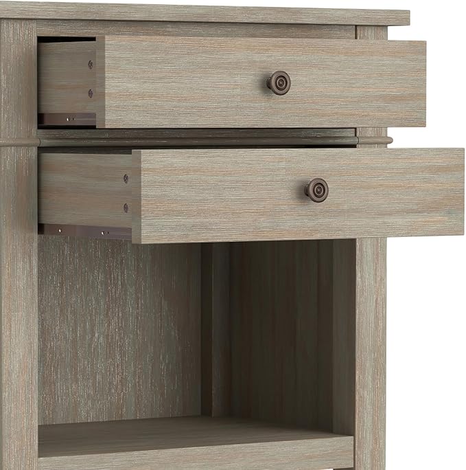 SIMPLIHOME Carlton Bedside Table - 24 inch Wide Solid Wood Nightstand Table in Distressed Grey, Transitional Bedroom Side or End Table with 2 Drawers, Open Storage Shelf and Bronze Hardware