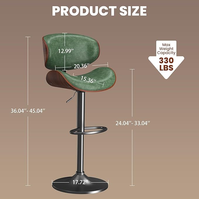 Bar Stools, Bar Stools for Kitchen Island with Bentwood Back and Leather Seat, Swivel Bar Stools for Kitchen Counter, Bar, Green, Set of 1, NX_NIL1
