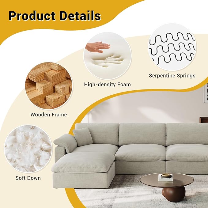 Cloud Modular Couch for Living Room,U Shape Linen Blend Sofas,Modern Deep Seat Cloud Sofas,Convertible Comfort Down Filled Sectional Couches,Removable Washable Cushion Covers,Light Biege