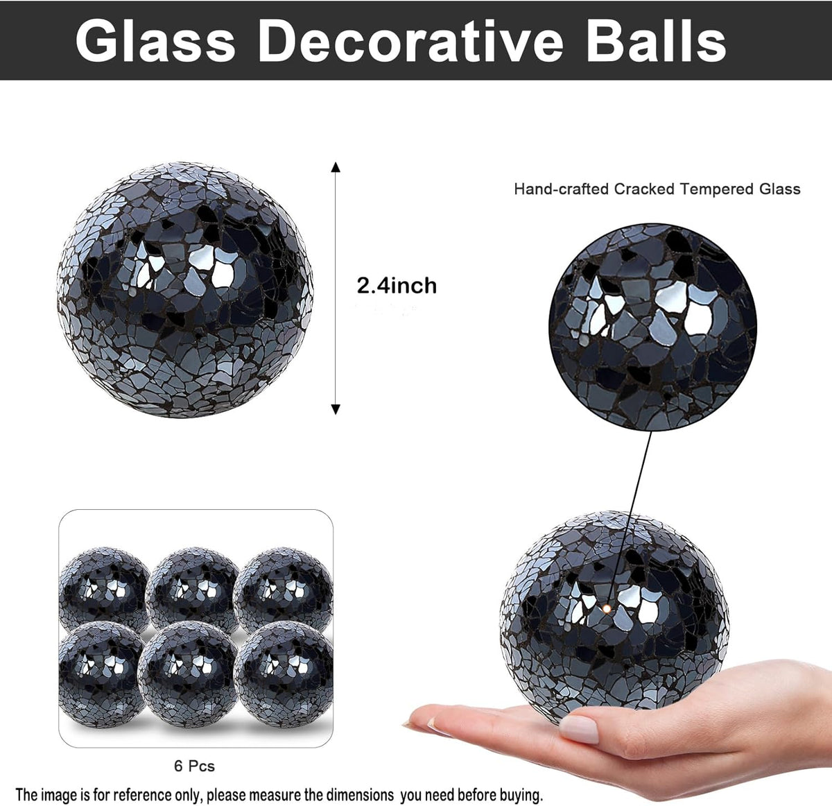 6pc Decorative Ball Set - 6cm/2.4inch Mosaic Glass Orbs for Centerpieces, Table Decor, Wedding Party (Black)