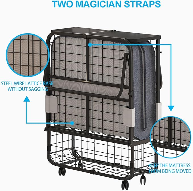 Mjkone Folding Bed with 5 Inch Foam Mattress, Single Rollaway Beds for Guest, Space Saving Portable Bed with Storage Shelf, Lockable Wheels, Sturdy Metal Frame for Adults, 75 x 31 (Upgraded)