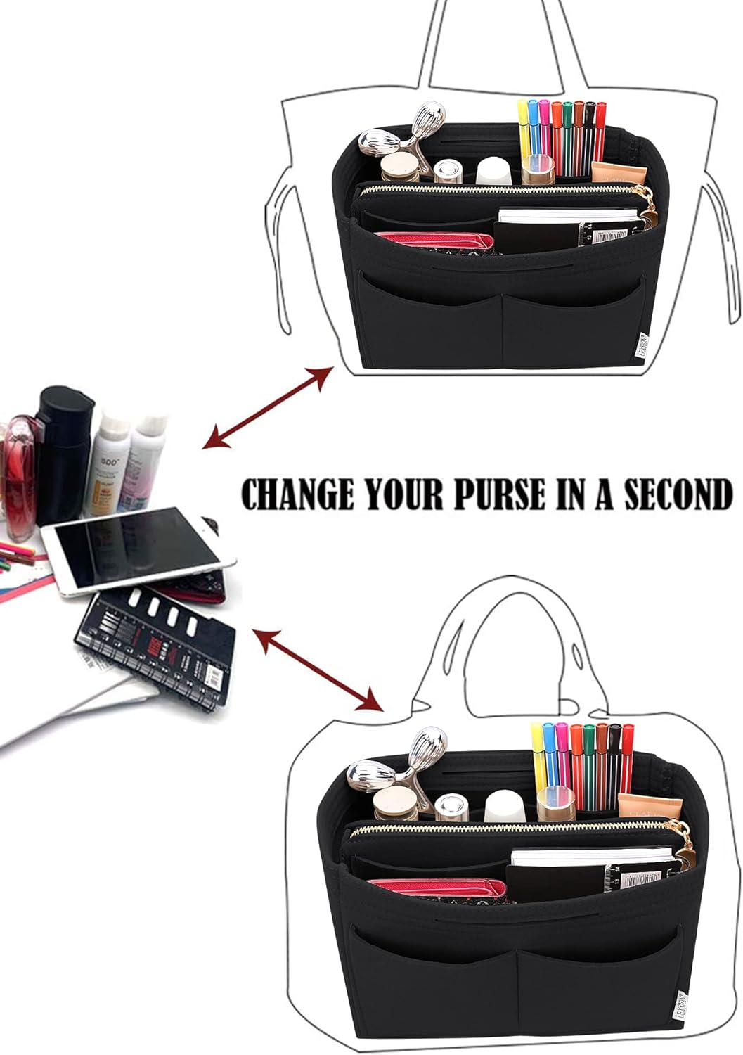 LEXSION Felt Purse Bag Organizer Insert with zipper Bag Tote Shaper Fit Speedy Neverful PM MM