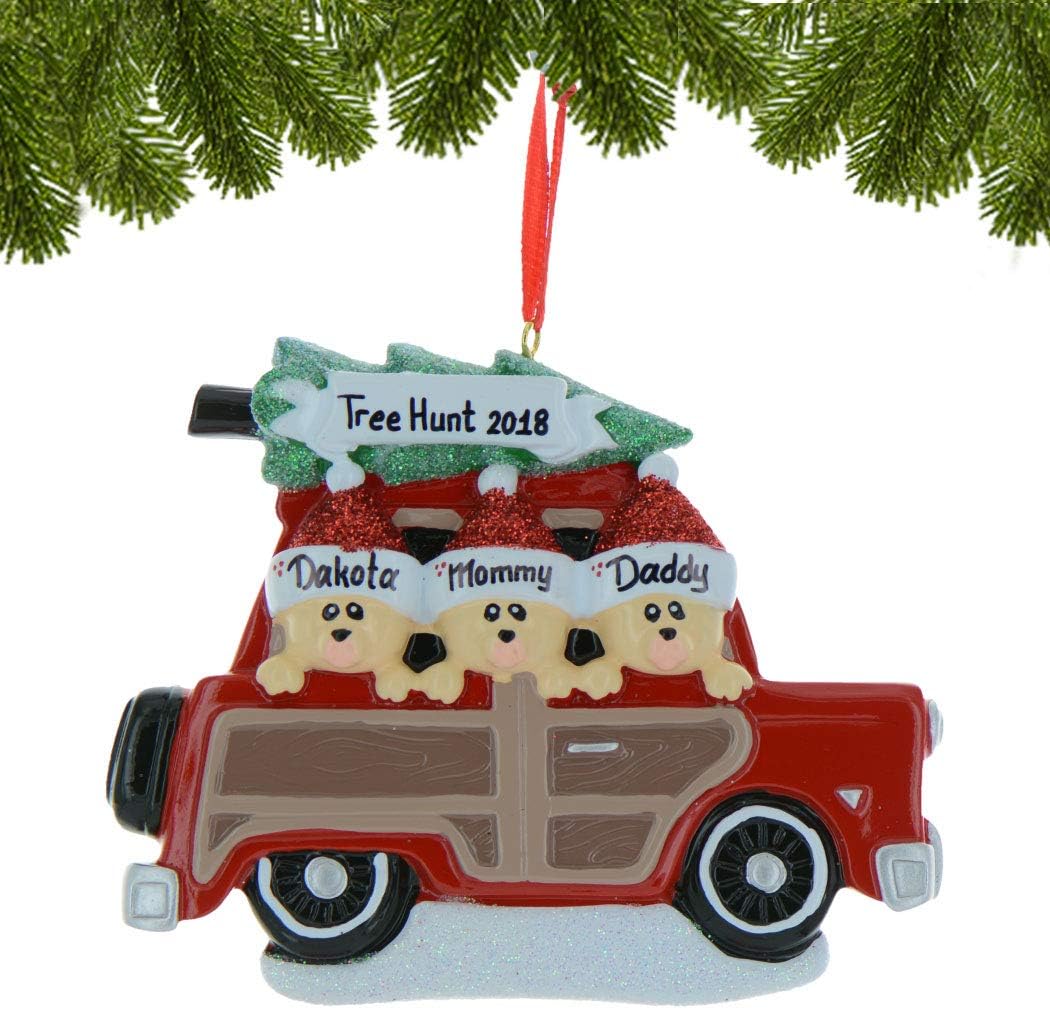 3D Road Trip Bears Family of 3 Ornament 2025 Personalized Family Christmas Ornaments 2025 | Snowy Tree Red Truck Personalized Tree Ornaments for Grandchildren, Siblings & Grandkids of Three Ornament