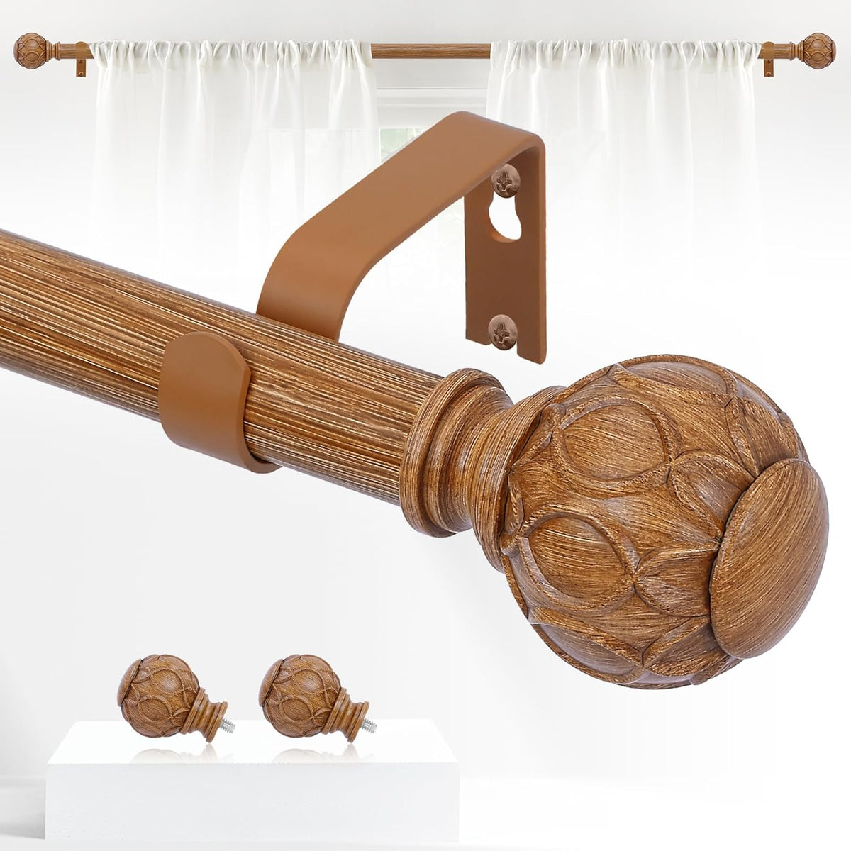 Wood Boho Curtain Rods for Windows:36-88Inch Wooden Farmhouse Curtain Rod for Bedroom Living Room,Heavy Duty Adjustable Rustic Decorative Drapery Rods with Vintage Imitation Wood Finial,Brown