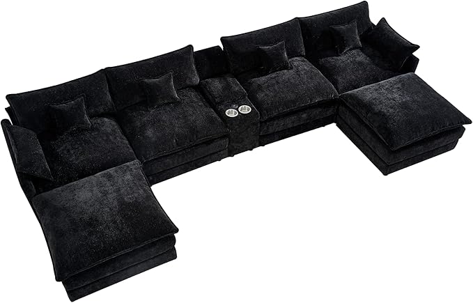 HYJT-H&K 145" U Shaped Cloud Couch Modular Black Fluffy Sectional Couches for Living Room, Comfy Chenille Oversized Cloud Couch Sectional, 6 Seat Large Sectionals Sofa Set Central Console USB