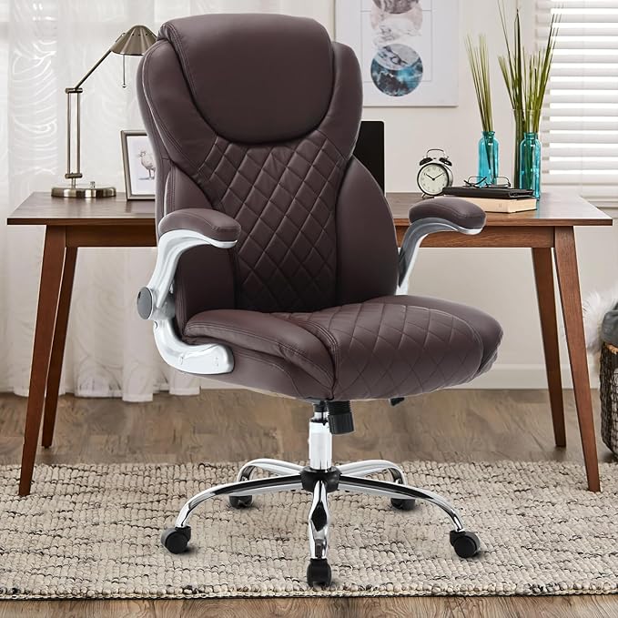 Leather Executive Office Chair, High Back Ergonomic Office Desk Chairs with Wheels, 90-120° Rocking Managerial Chair Home Computer Chairs with Flip-up Armr and Lumbar Support(Dark Brown)