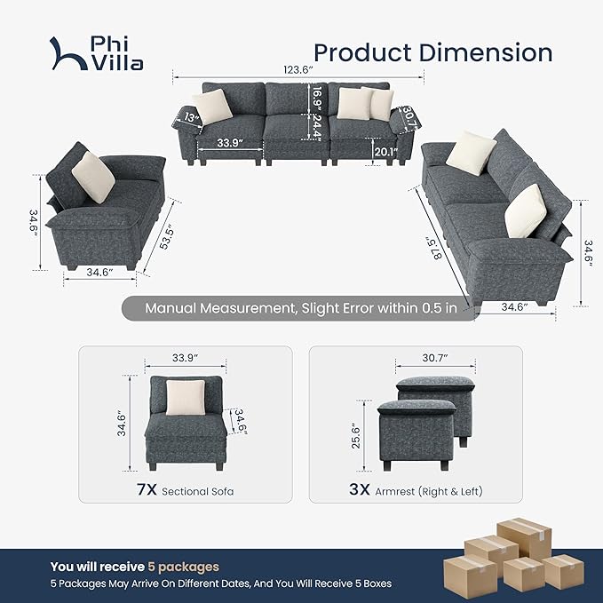PHI VILLA Cloud Modular Couches Sets, 3 Pieces Large Sectional Sofa Set with Loveseats & Single Sofa, 6-Seater Upholstered Couch for Living Room, Chenille Fabric, Dark Cyan