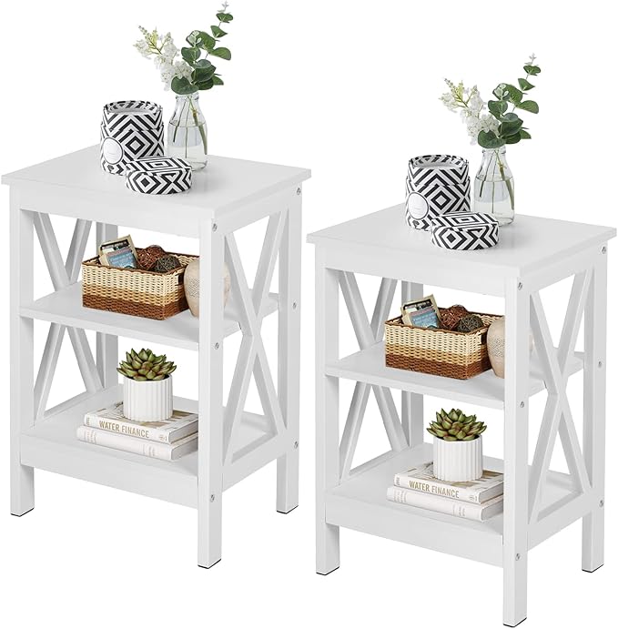 VECELO Nightstands, Industrial Side Table/End Tables with Drawer and Storage Shelf, Night Stands for Bedroom, Living Room, Wood Metal Furniture, Easy Assembly,White,2 Sets