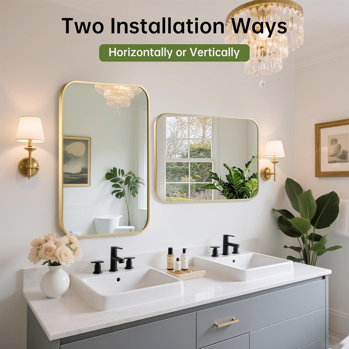 FARMER 16x24 Inch Gold Bathroom Mirror, Rectangle Vanity Mirror, Brushed Mirrors for Wall, Metal Frame Hanging Mirror with Round Corner for Bedrooms, Entryways, Living Rooms, Horizontal/Vertical
