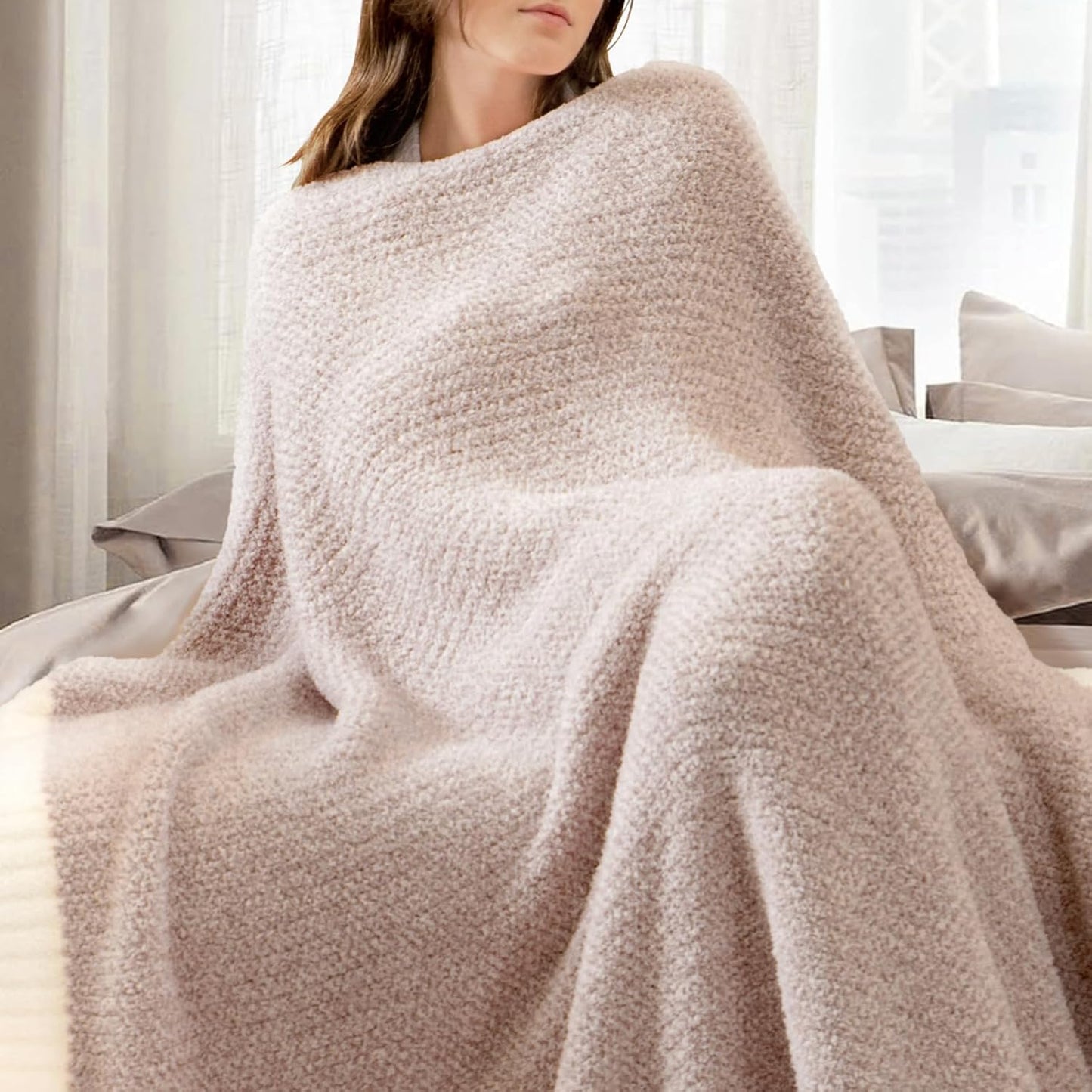 Snuggle Sac Heather Taupe Throw Blanket for Couch, Reversible Super Soft Knitted Blankets Warm Cozy Knit Fuzzy Plush Lightweight Throws for Sofa, Bed, Camping, Picnic, Taupe, 50x60 inches