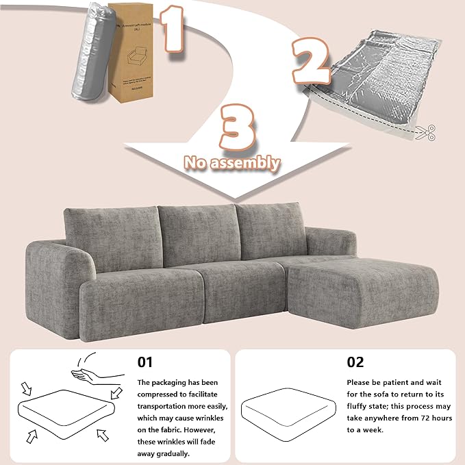 EASE MOOSE Boneless Couch for Living Room, Sectional Cloud Sofa, Modular Cloud Couch Loveseat, 2-Seater Deep Seat Sofas with Pillow for Bedroom, Apartment, No Assembly Required, Chenille (Light Grey)