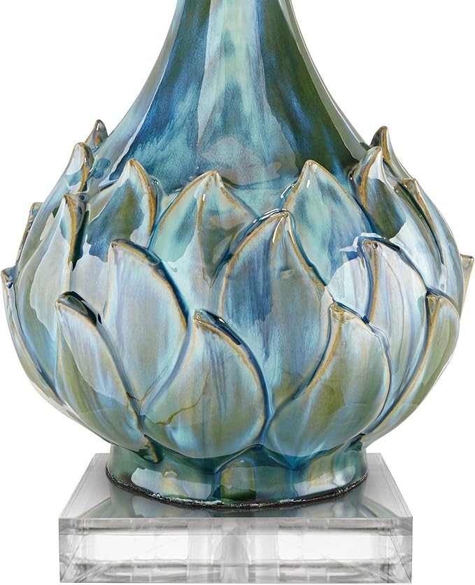 Possini Euro Design Kenya Modern Tropical Table Lamp with Riser 31" Tall Blue Green Ceramic Beige Linen Drum Shade for Living Room Bedroom House Bedside Home Office Entryway (Color May Vary)