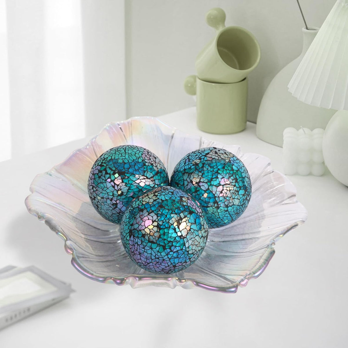 6pc Decorative Ball Set, 6cm/2.4in Mosaic Glass Orbs Centerpiece Balls for Decorating Tables & Wedding Parties (Dazzle Blue)